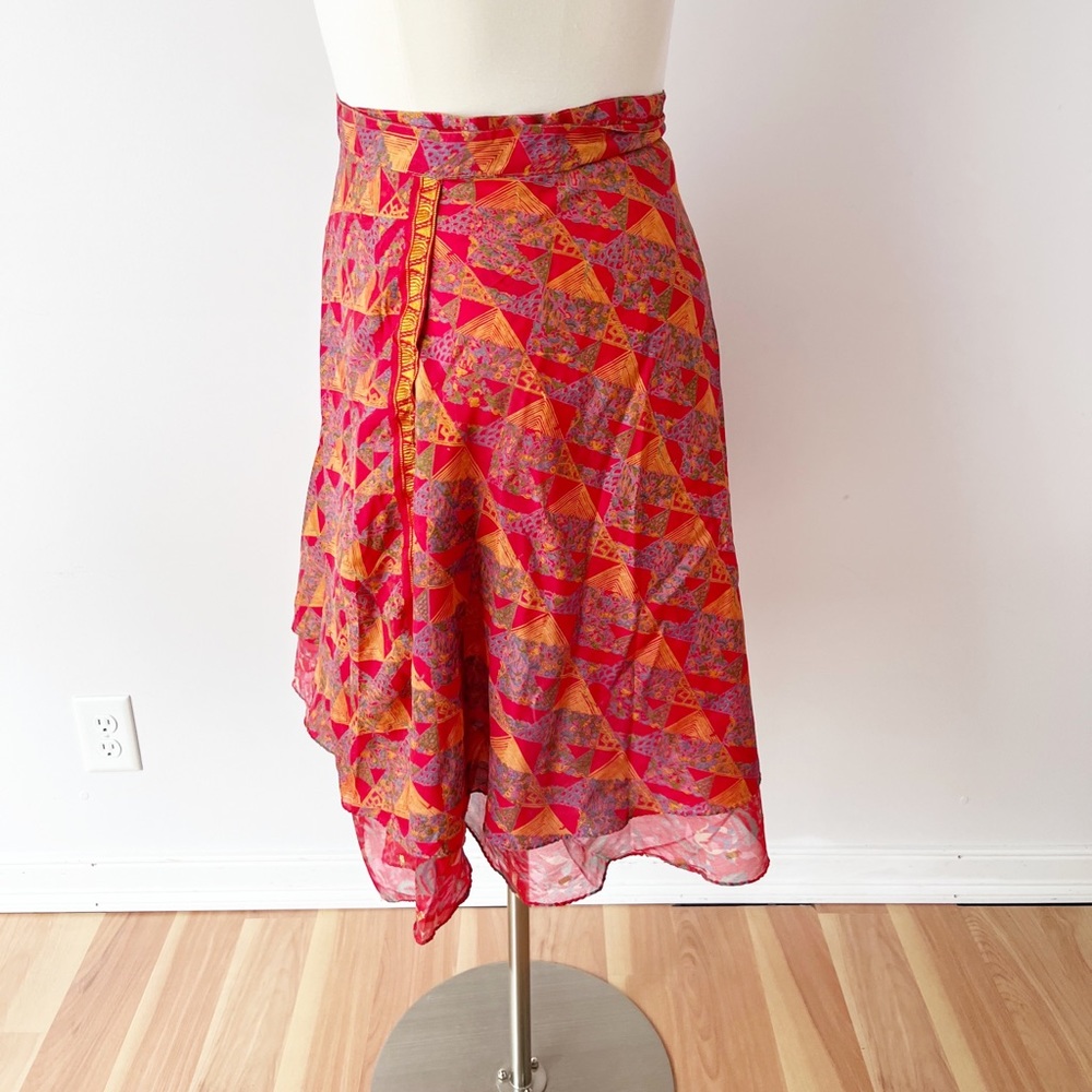 Pure Silk India Layered Wrap Midi Skirt Red Plus Size Large Bright Vibrant - Picture 5 of 7